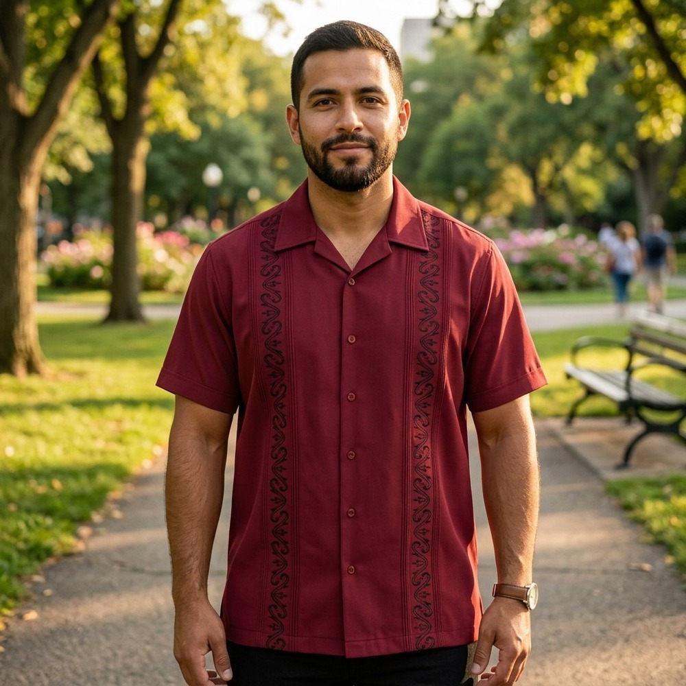 The Havanera Company Button Down Embroidered Shirt, S/S, Cranberry Red, Size XL